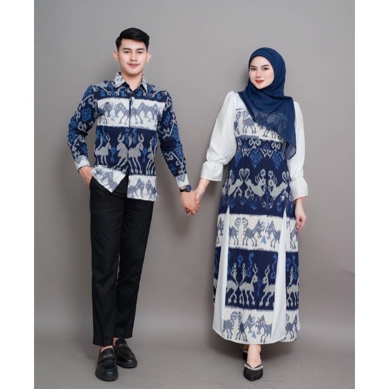 Set Couple kondangan pasangan Dress Fatma Sumba Navy - Baju tenun Dress tenun - Set Couple kekinian