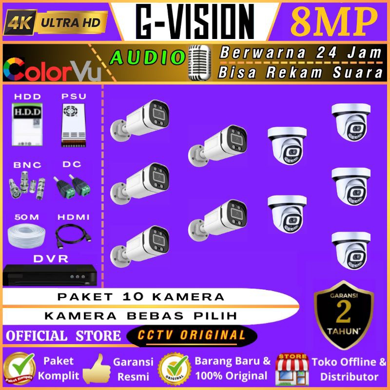 PAKET  CCTV  10  KAMERA  COLORVU  AUDIO  LENGKAP  -->  8MP  ULTRA  HD  (4K)