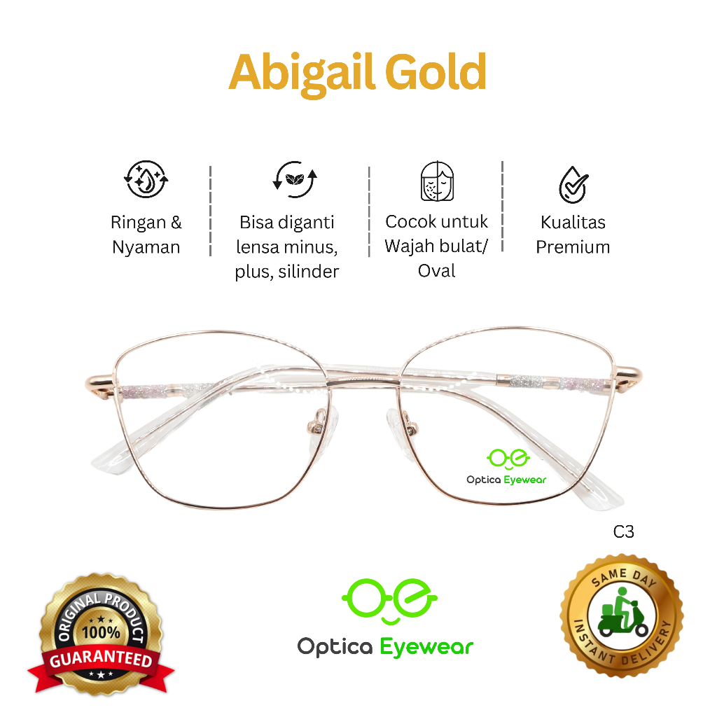 Promo Frame Kacamata Cat Eyes Kode Abigail Gold C3 , Lensa minus, plus, silinder, progresif, kualita