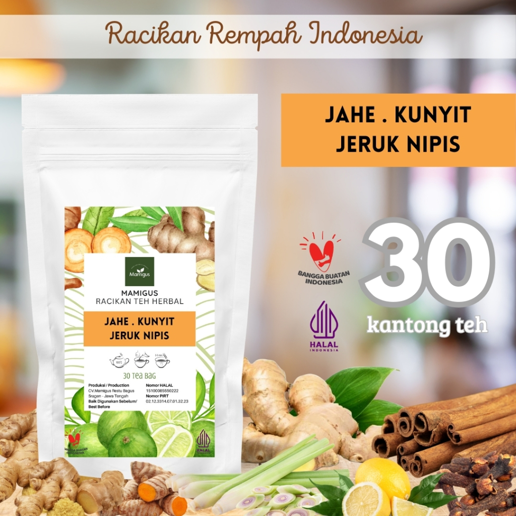

TEH JAHE KUNYIT JERUK NIPIS CELUP / Ginger Turmeric Lime Tea / Teh Rempah Rimpang / 30 Tea Bag Mamigus