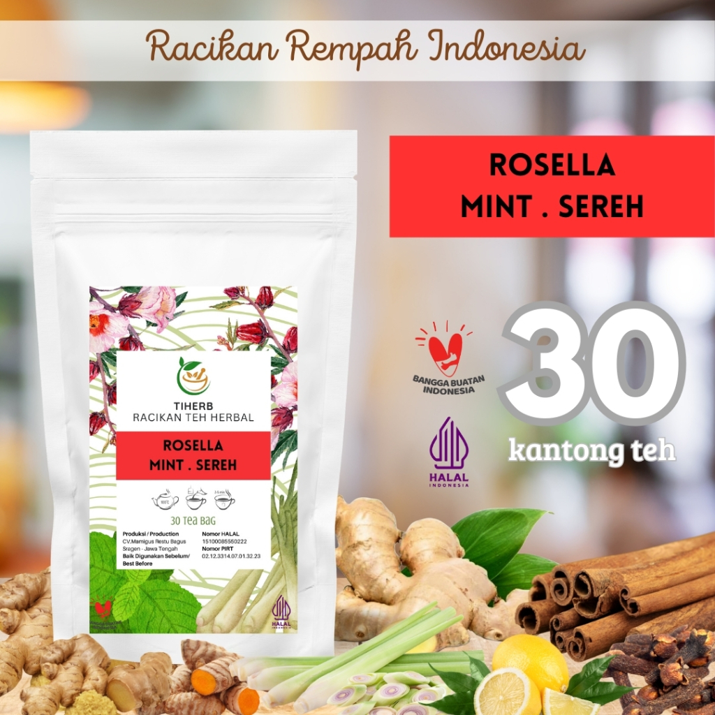 

TEH ROSELLA MINT SEREH SERAI CELUP / Hisbiscus Mint Lemongrass Tea / Teh Rempah Rimpang / 30 Tea Bag Mamigus