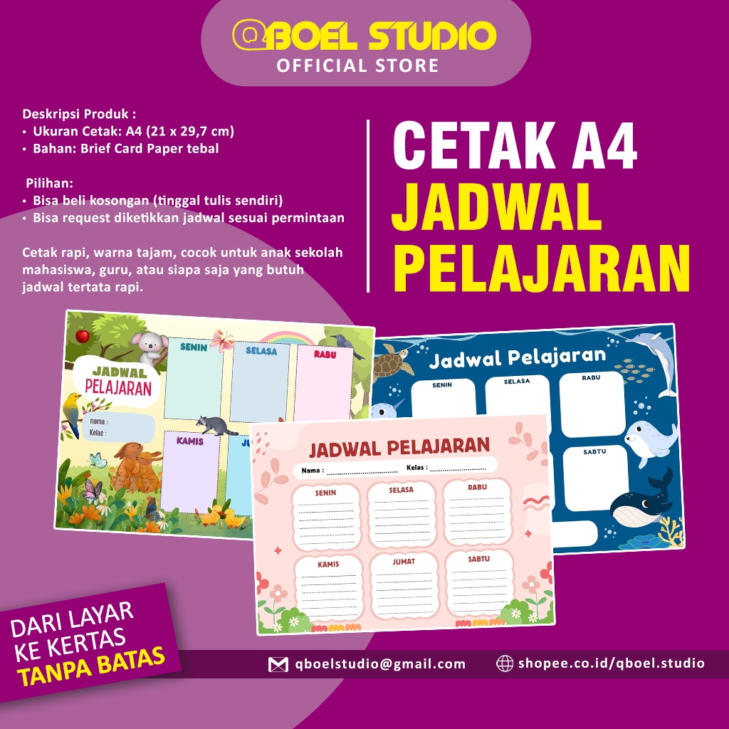 

Cetak Jadwal Pelajaran A4 Custom – Bisa Kosongan / Request Diketik – Kertas Tebal