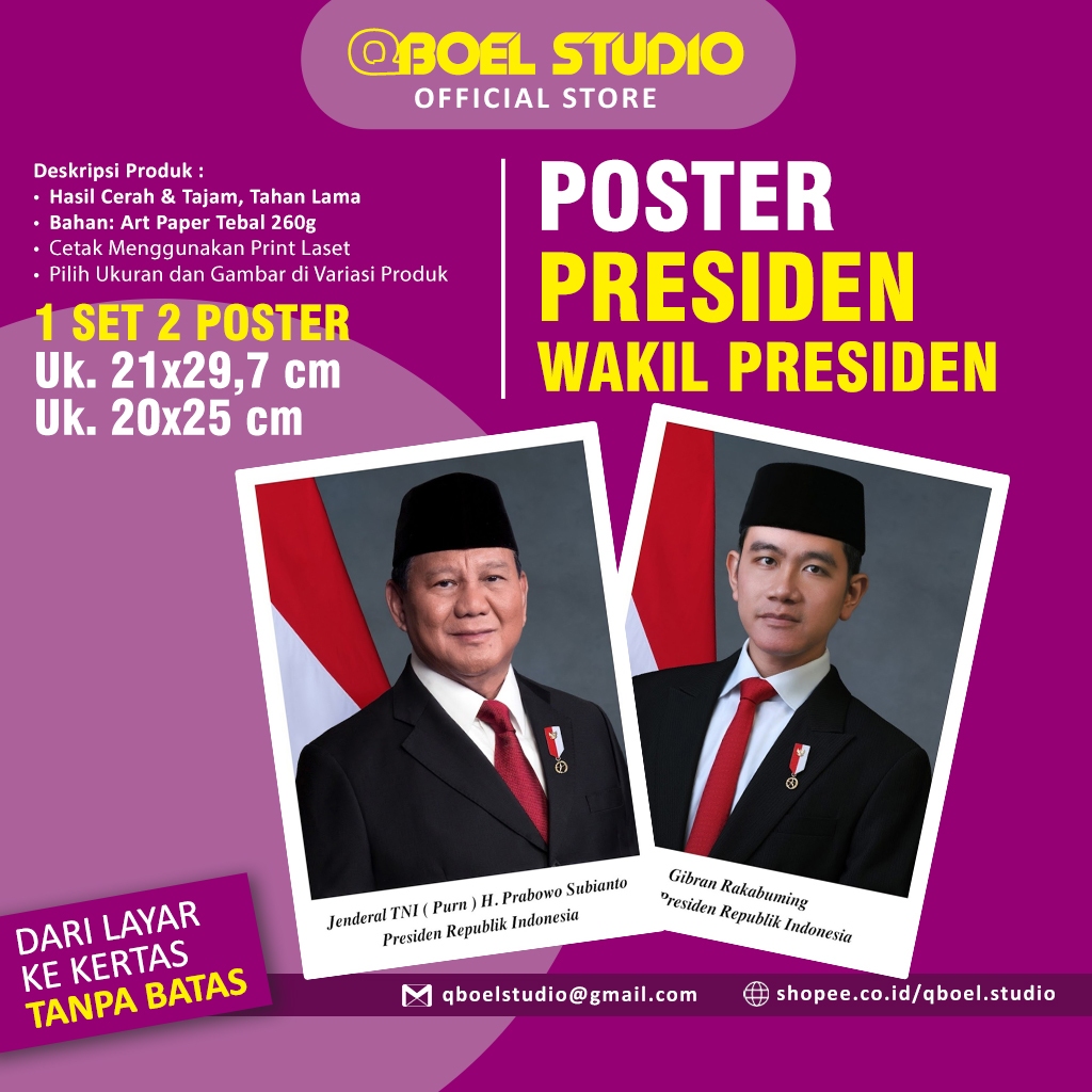 

1 Set Dapat 2 - Foto Poster Presiden dan Wakil Presiden 2025 - Bahan Tebal - Murah & Awet