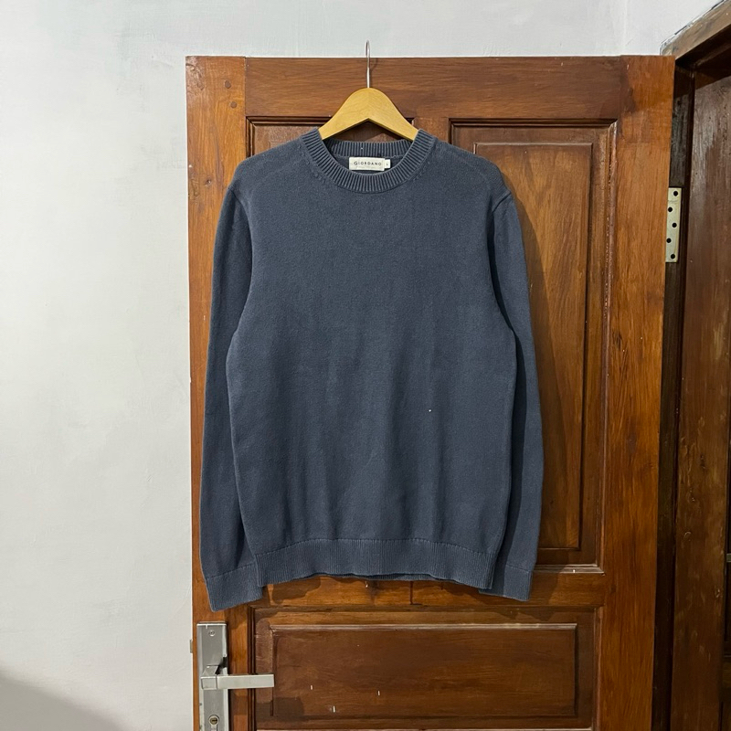 [L-XL] Giordano Blue Navy Cotton Knitwear I Vintage Vtg Retro Kemeja Garis-garis Salur Outer Woll Ve