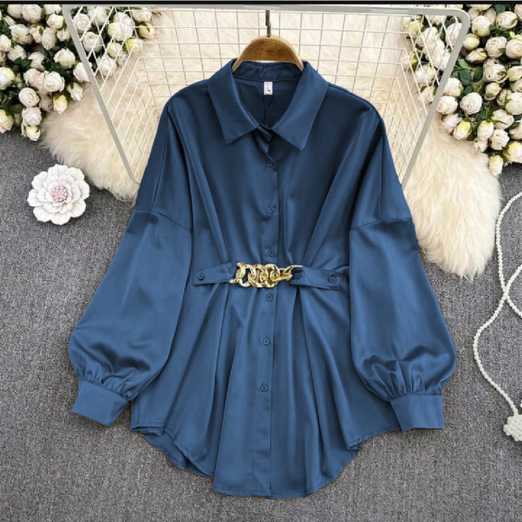 Imelda Baju Atasan Wanita Kekinian Motif Polos Rantai Tali Pinggang Bahan Cringkel Airflow