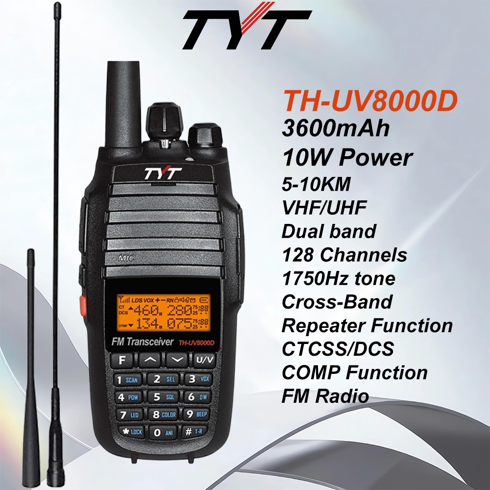 HT Walkie Talkie TYT TH-UV 8000D 10W 3600 mAh Dual Antenna VHF/UHF (Cross band repeater function)