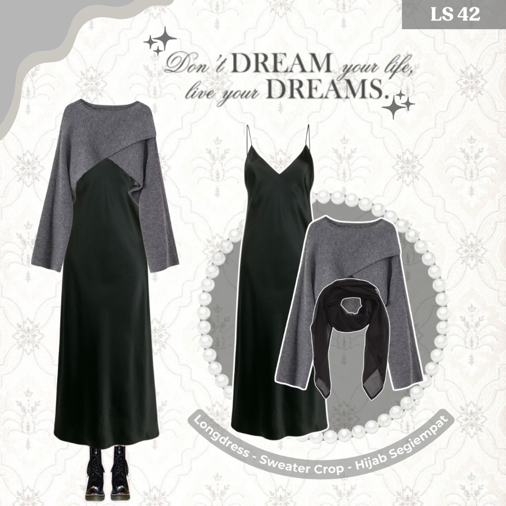 Set Outfit Wanita Korean Style (Sweater Shea Rajut Abu, Longdress Satin Hitam, Hijab Segiempat Polly