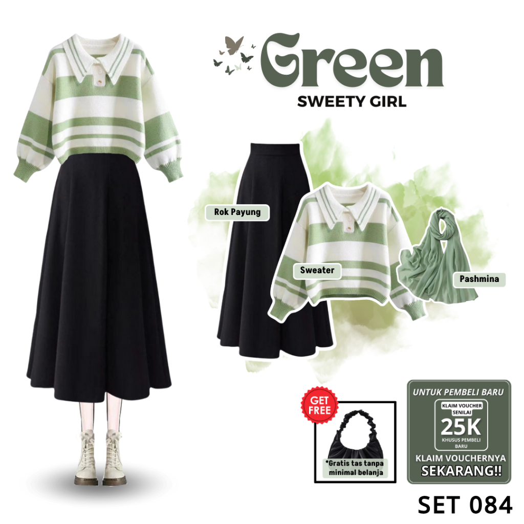 CUTE & FUN Outfit ke Kampus | OOTD Kekinian ( Sweater Green, Rok Payung, dan Pashmina ) | SET 084