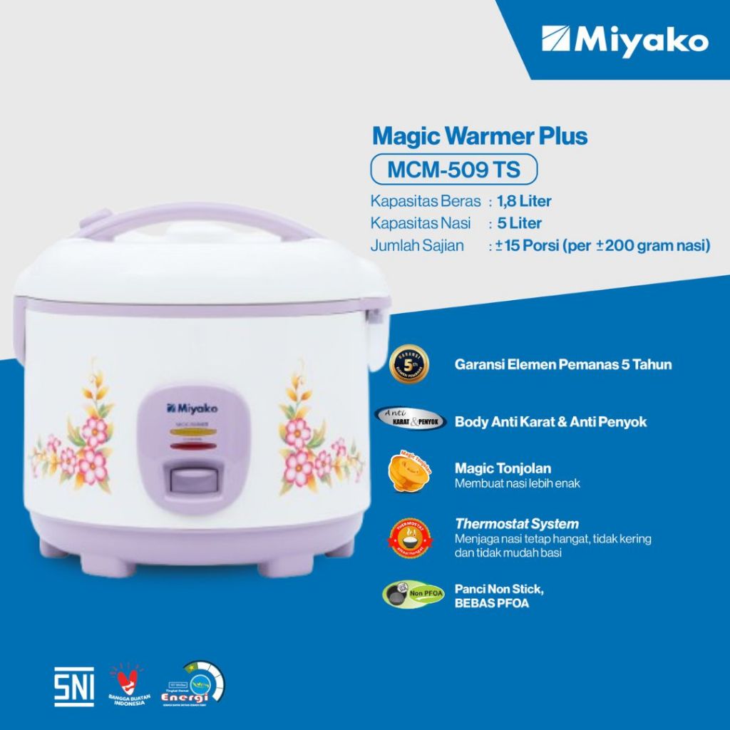 Magic com Miyako MCM509TS Rice Cooker 2in1 Magic Warmer Magic Com -1.8 Liter 3in1 395W
