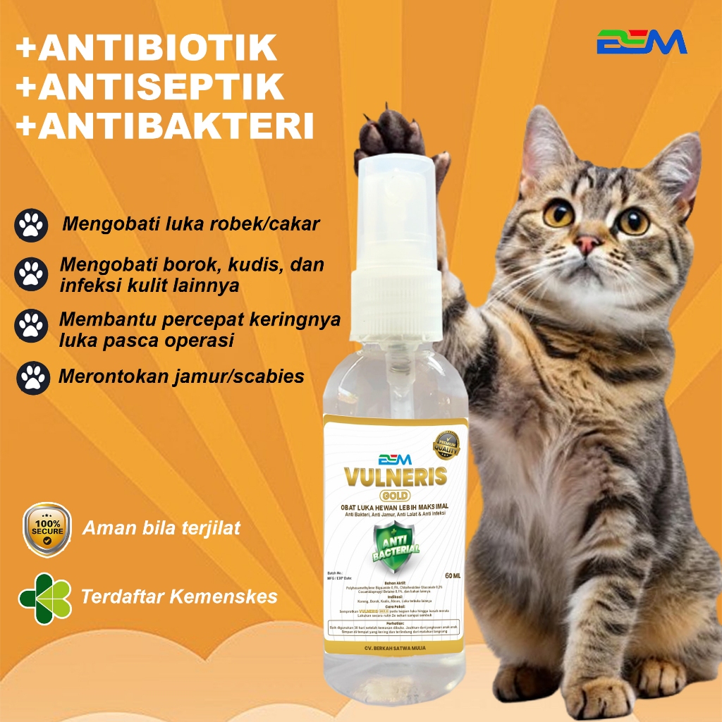 Vulneris Gold Obat Luka Semprot obat luka kucing koreng kudis luka bernanah luka robek bekas cakaran