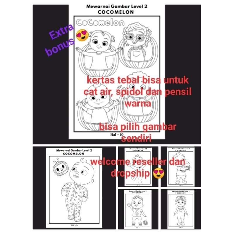 

Kertas/lembar/worksheet mewarnai A5 Murah tema Coco melon