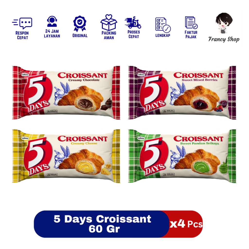 

Paket Murah 5 Days Croissant Rasa Creamy Chocolate / Mixed Berries / Creamy Cheese / Pandan Srikaya 60 gr x4 Pcs