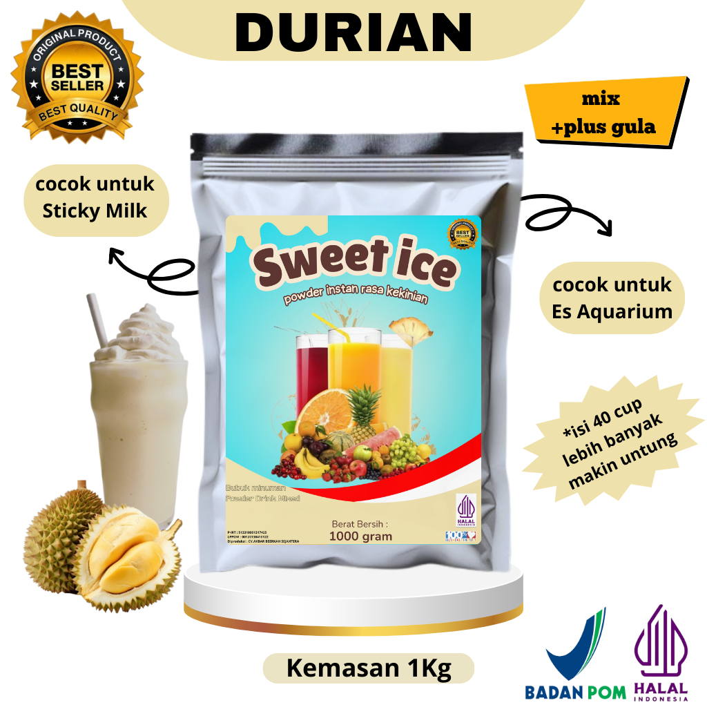 

BUBUK MINUMAN RASA DURIAN 1KG / SERBUK MINUMAN PREMIUM KEKINIAN TERLENGKAP /POWDER DRINK ES AKUARIUM