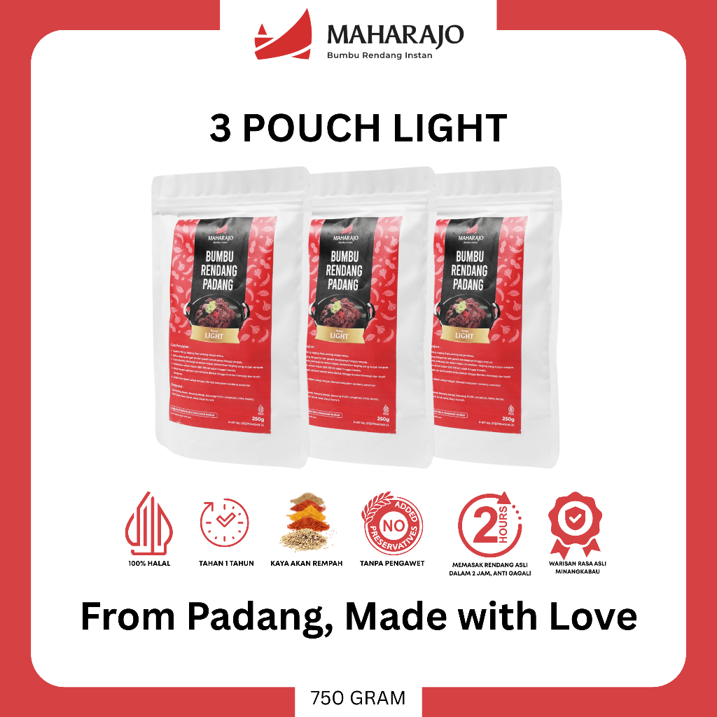 

[3 POUCH Light] Maharajo Bumbu Rendang Instan 750g – Bumbu Rendang Padang Asli Minang, Praktis, Cepat, Tahan Lama, Pasterisasi, Tanpa Pengawet, No MSG, Halal, Mudah Dimasak, Cocok untuk Daging, Ayam, Rasa Autentik, Premium, Best Seller