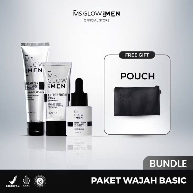 Ms Glow Men Paket Basic (Serum, Facial wash, day night cream) - Perawatan Wajah Pria Pemutih Wajah P