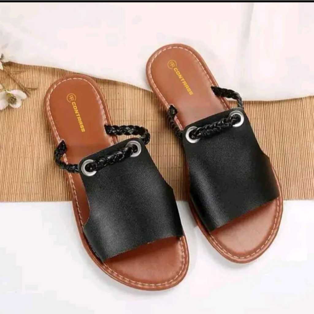 Sandal Teplek Terbaru Motif Slop Tali KEPANG / Sandal Wanita Kepang Tali