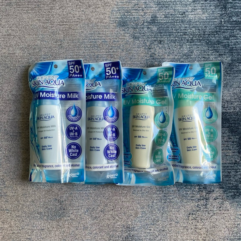 [new segel] skin aqua uv moisture milk & gel ss sunscreen tutup ijo hijau biru
