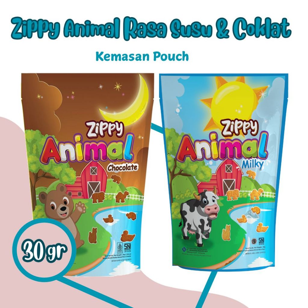 

ZIPPY ANIMAL RASA SUSU & COKLAT 30 Gr Biskuit Kemasan Pouch