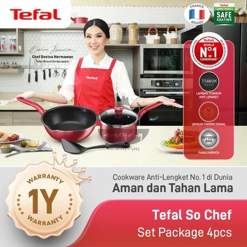 Tefal Cookware Set Induksi Wajan Anti Lengket - So Chef Red 4 pcs