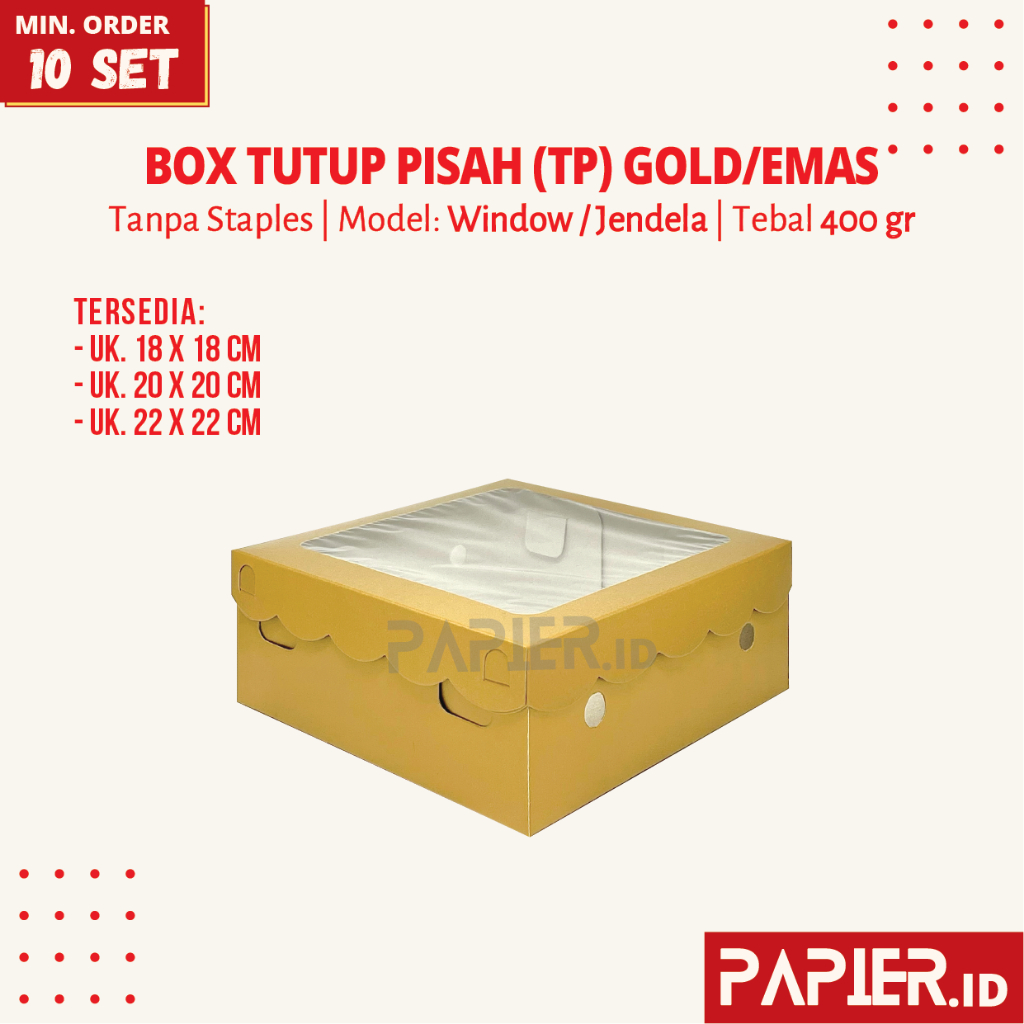 

Box Tutup Pisah (TP) Gold Window uk. 18x18 , 20x20 , 22x22 | Kotak Makanan Dus Kue Warna Emas Model Selip/Kait
