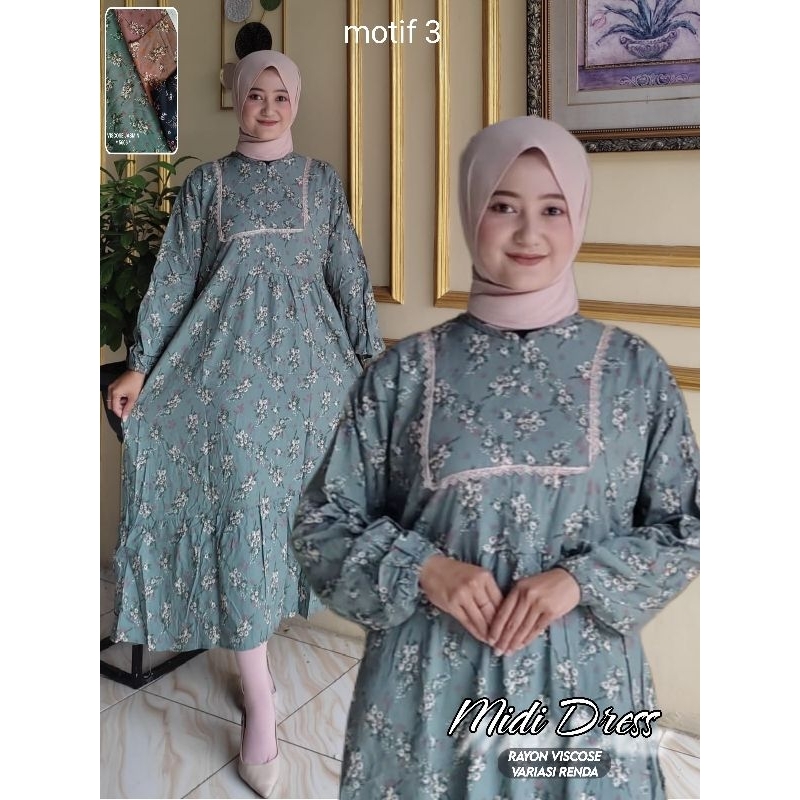 Midi dress Gaun tunik rayon diamond premium bunga kecil viral terusan midi dress busui friendly dres