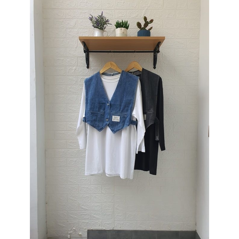 Onset Kaos Mix Vest Denim Lepas Pasang Wanita Premium