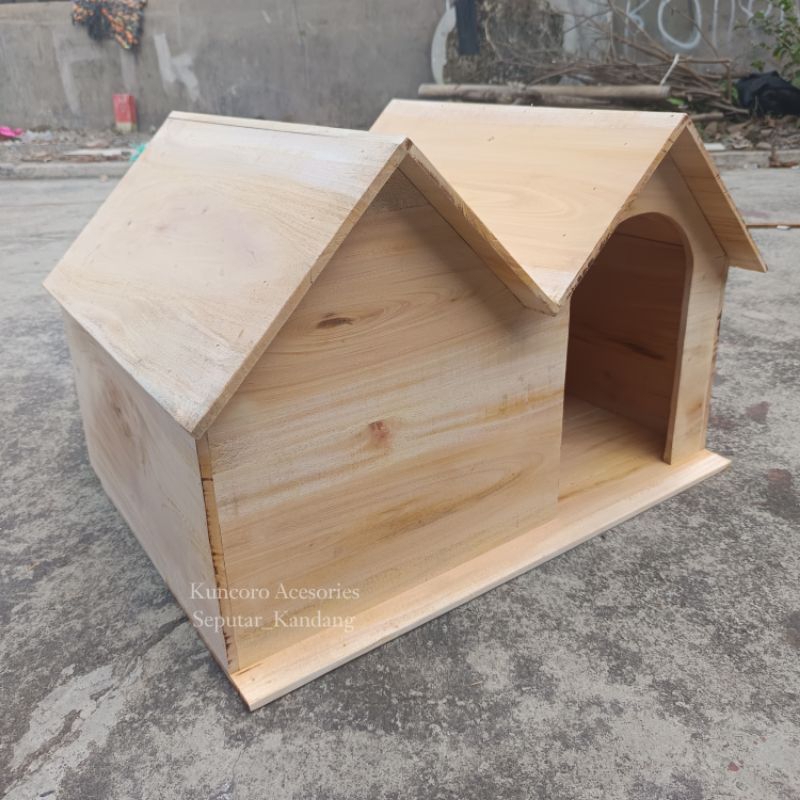 Kandang Kucing Dobel Kayu Solid Mahoni Gandeng Plong Dalam