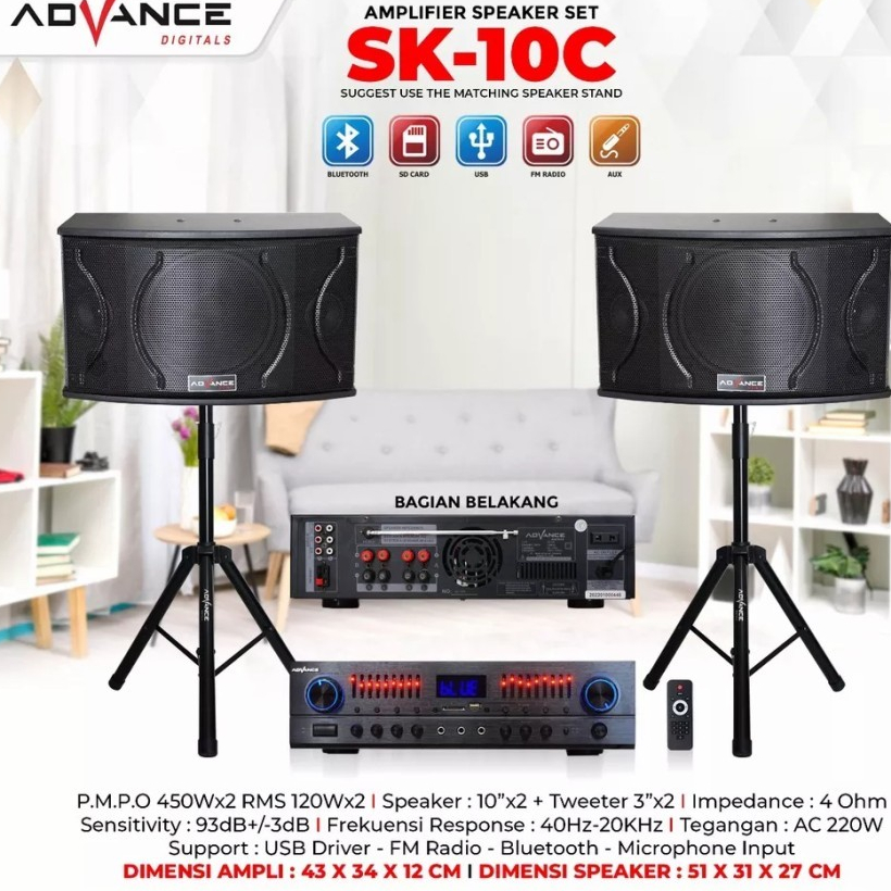 Advance SK-10C Speaker Bluetooth Konser Set Amplifier Dual Speaker Aktif 10 Inch Extra Bass Stand Ti