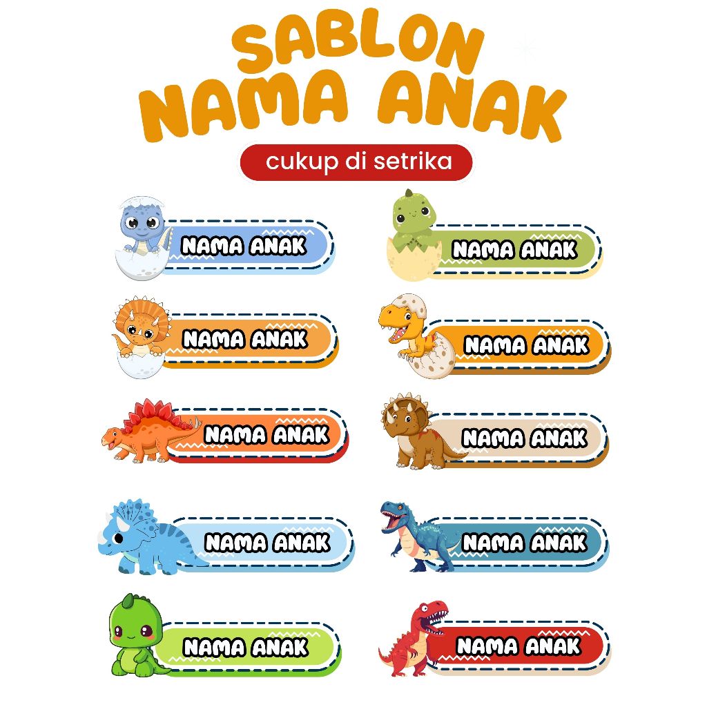 

Sablon Setrika Label Nama Anak Custom Tema Dino Lucu Cukup di Setrika