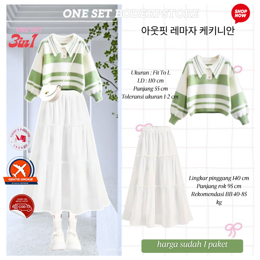 One Set Dress Well Korean Style (Sweater, Rok, Hijab) One Set Wanita Hijab OOTD Rajut Stripe