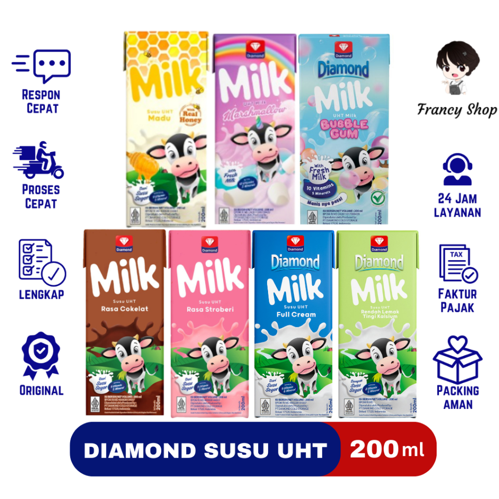 

Susu Diamond Milk UHT Full Cream / Coklat / Strawberry / Low Fat / Honey Madu / Marshmallow / Bubble Gum Sleeve 200 ml