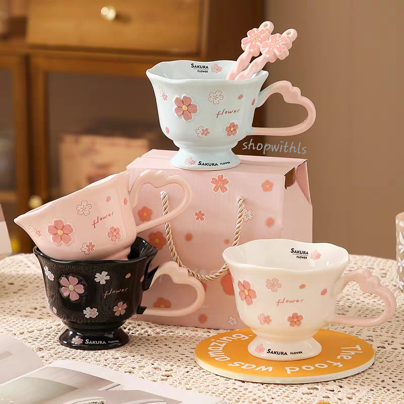 SAKURA CUP & SPOON (1 SET) 290 ML/Premium Cup & Spoon/ Korean Style/Cangkir Teh Keramik Vintage Mewa