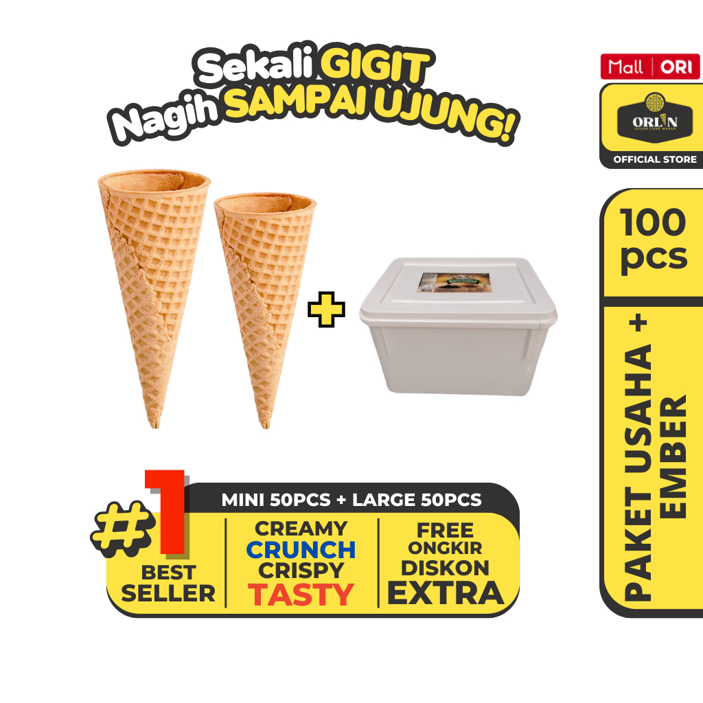 ORLIN Paket Usaha Mix Mini & Large Waffle Cone Ice Cream 100pcs+Ember/Box Campina