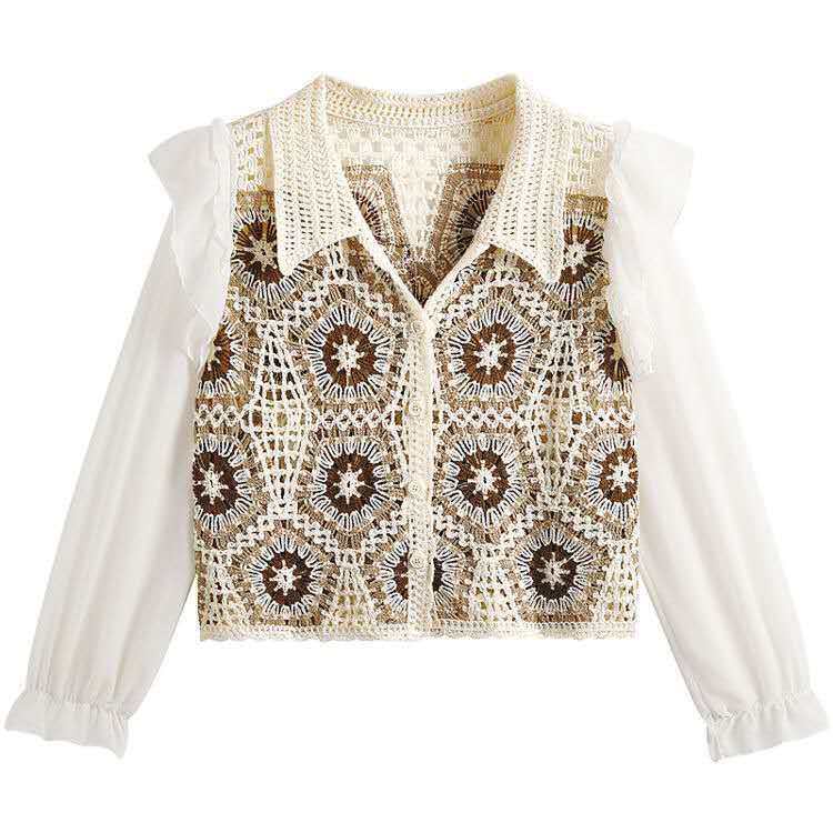 Atasan  Kerah Rajut Krem Blouse Bunga2 Lengan Panjang Sifon Korea Style