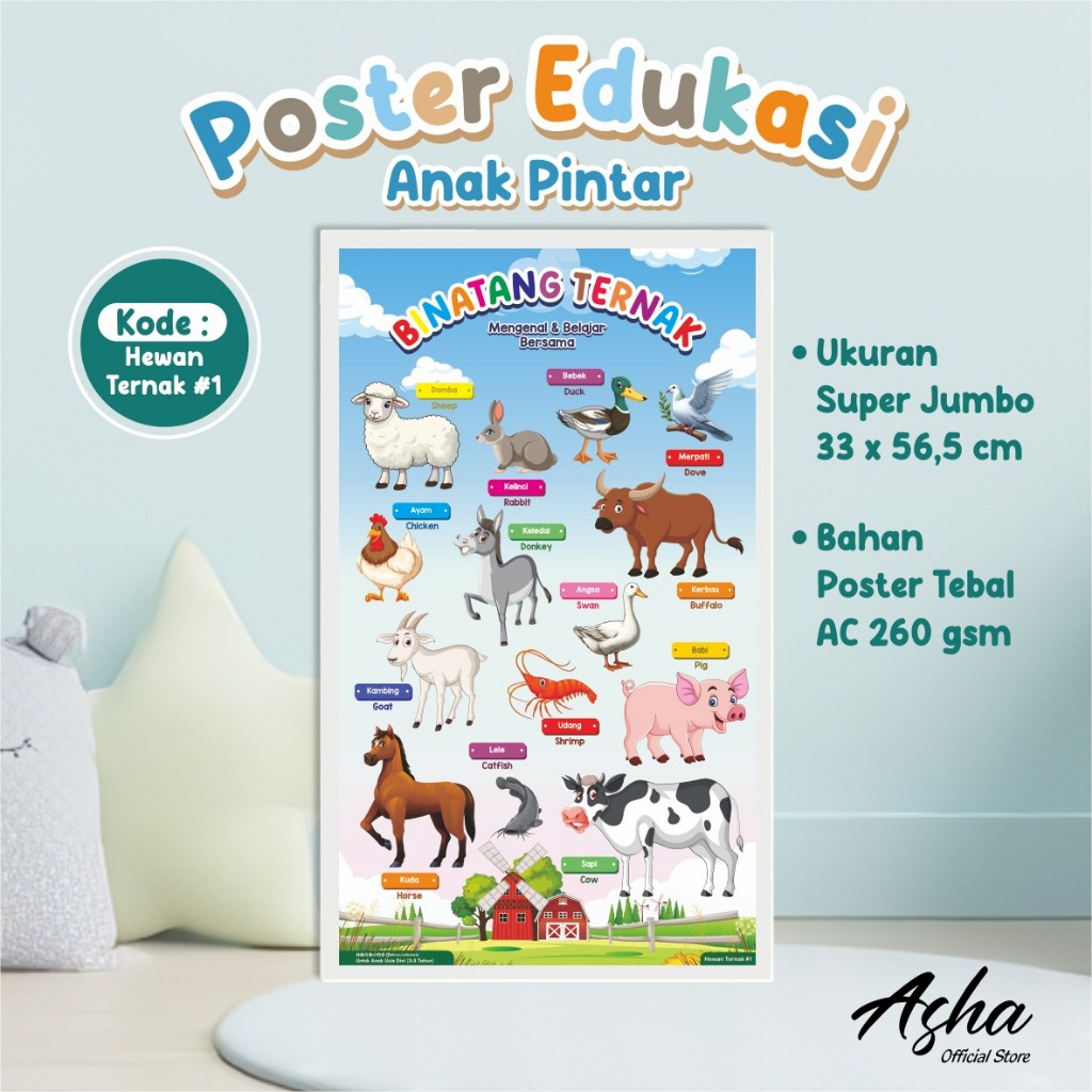 POSTER DINDING ANAK EDUKASI BELAJAR - POSTER GAMBAR BERWARNA TEMA HEWAN TERNAK 01 READY STOCK
