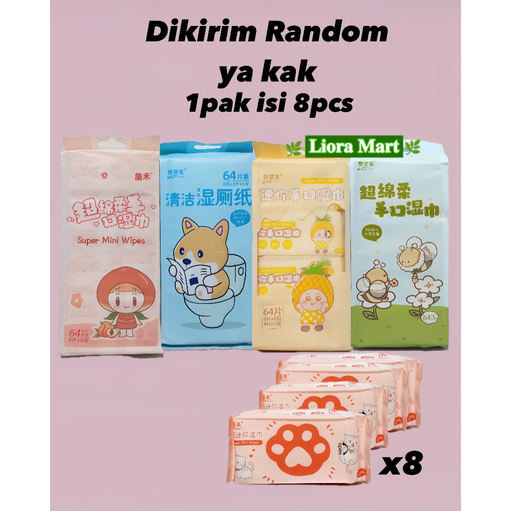 Tissue basah super mini random /tissu basah portable traveling kecil 1pak 8pcs/tisu basah anak