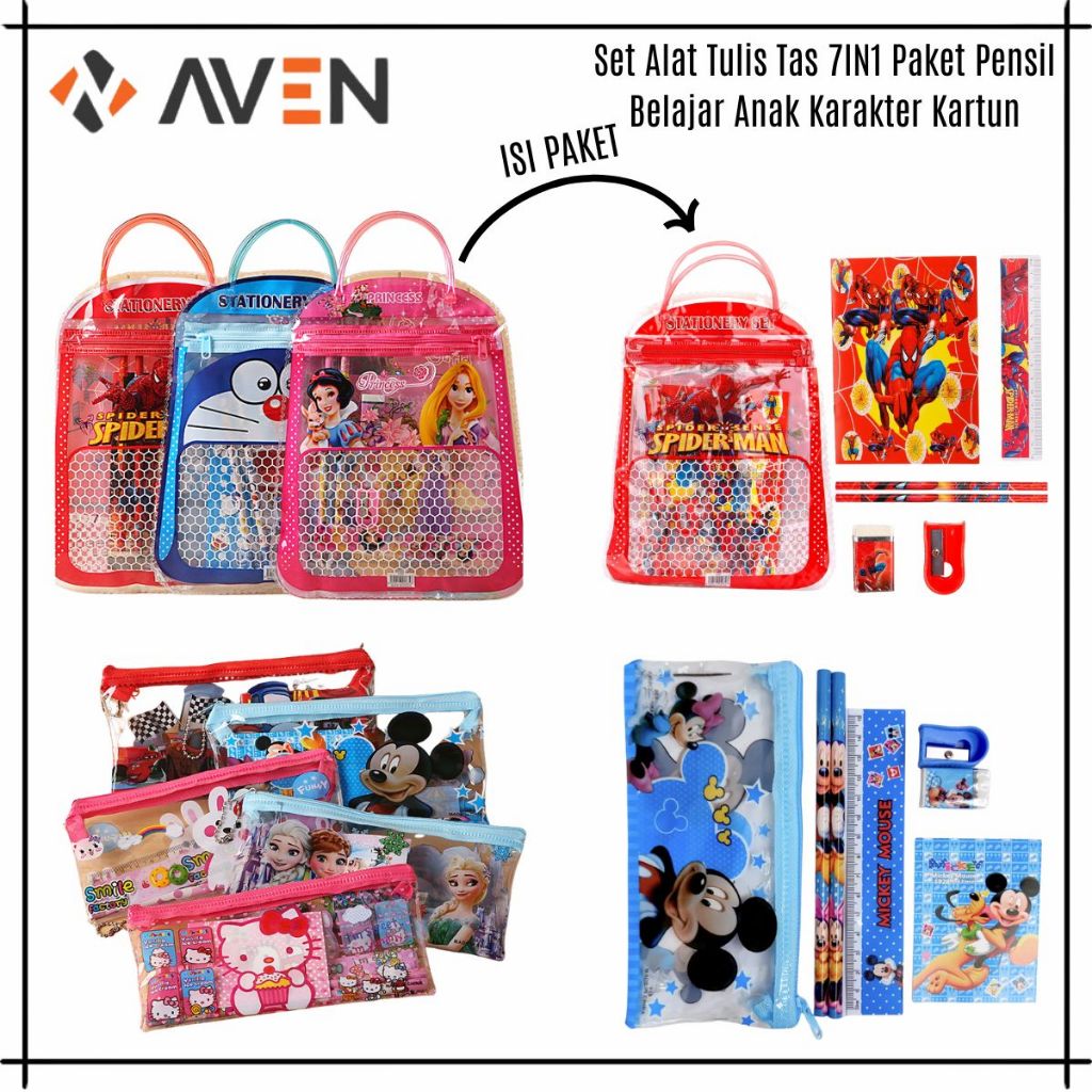 

AVEN Set Alat Tulis Tas 7IN1 Paket Pensil Belajar Anak Karakter Kartun