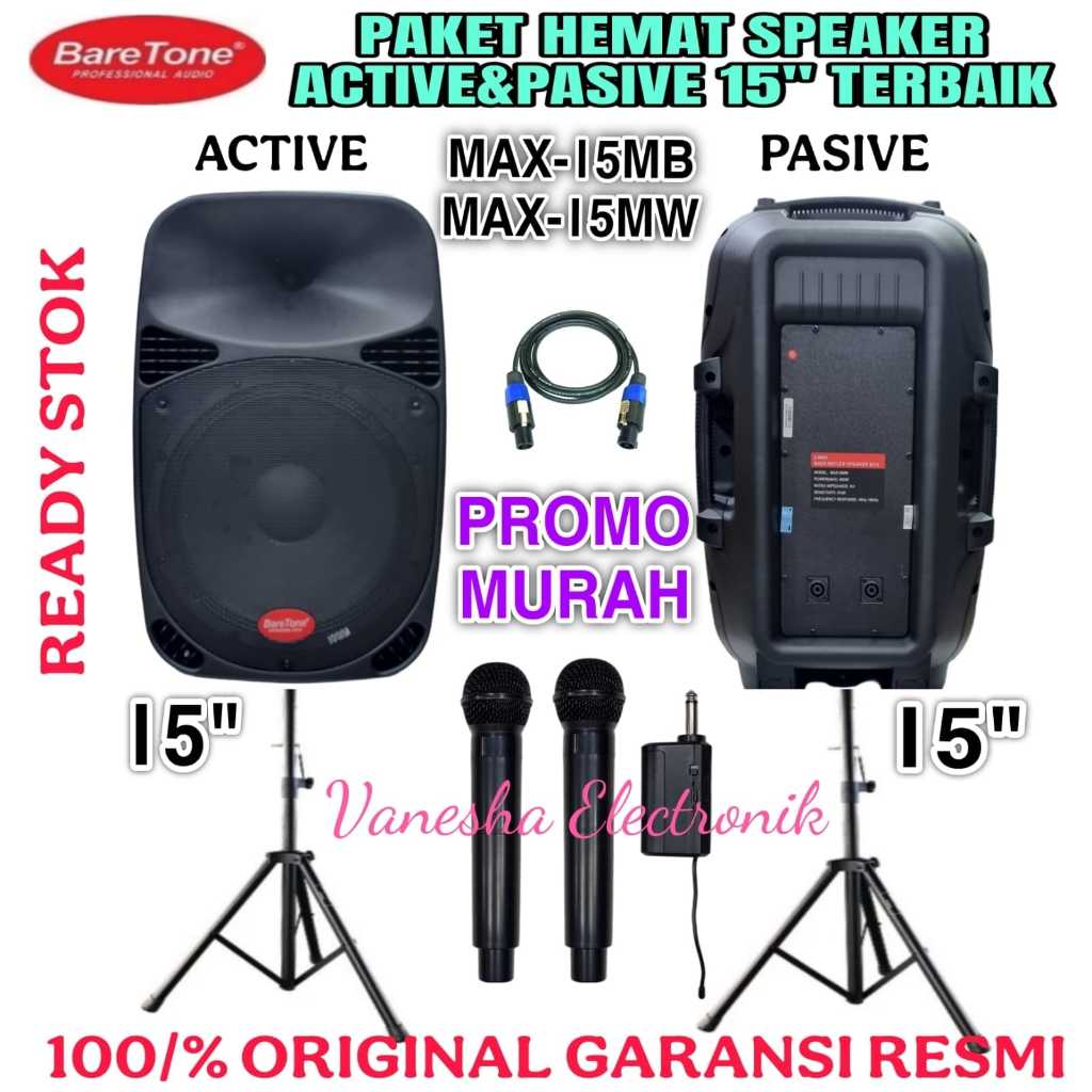 Promo Paket Sound System Speaker Aktif Pasif 15 Inch Baretone Max15mb/Max15mw+ 2 Mic Wireless Origin