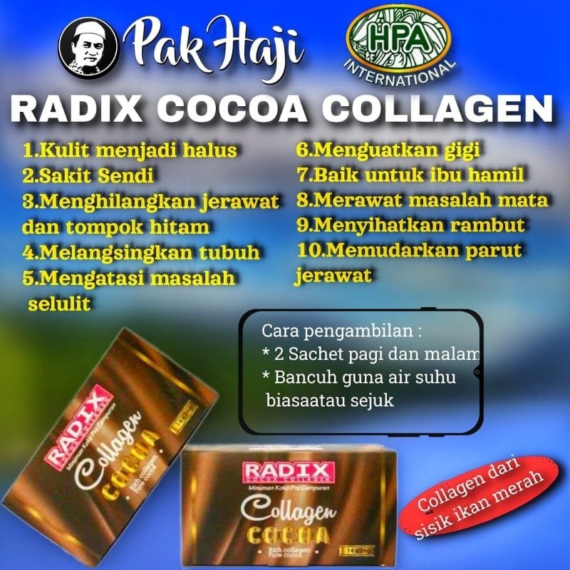 RADIX COCOA COLLAGEN MINUMAN KOKO PRACAMPURAN ORIGINAL ASLI DARI HPA MALAYSIA KEMASAN BOX ISI 14 SAC