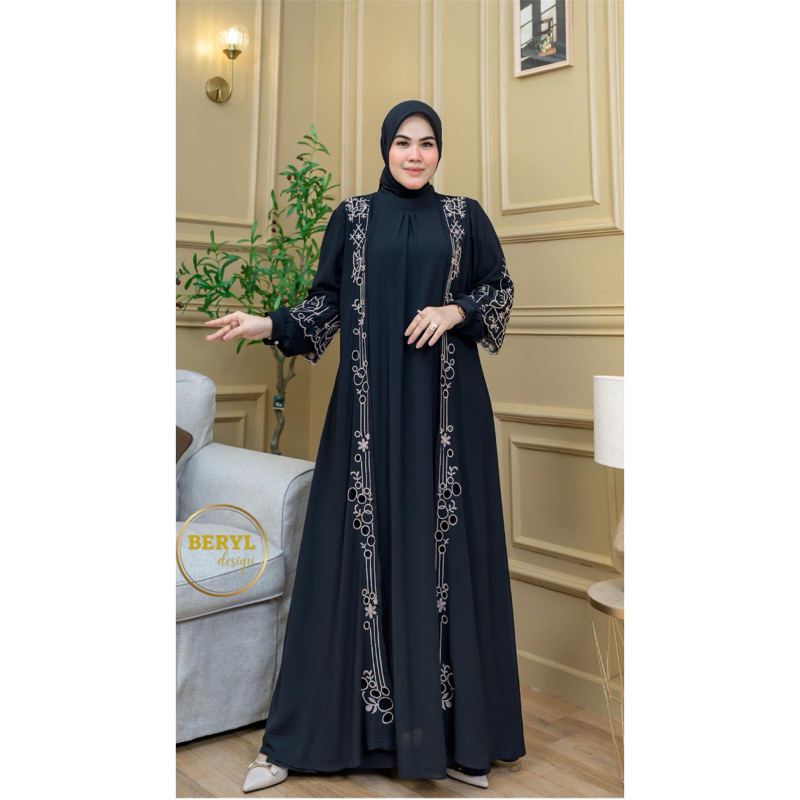 Abaya Cantik by Fataya - Gamis Outer Lepas Pasang 2 in 1 Hitam Motif Kupu Kupu, Bordir Benang Keemas