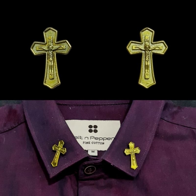 Metal Gold Cross Collar Pin Bros Jas Kameja Tuxedo Classic Mens Pria Salib Warna Emas