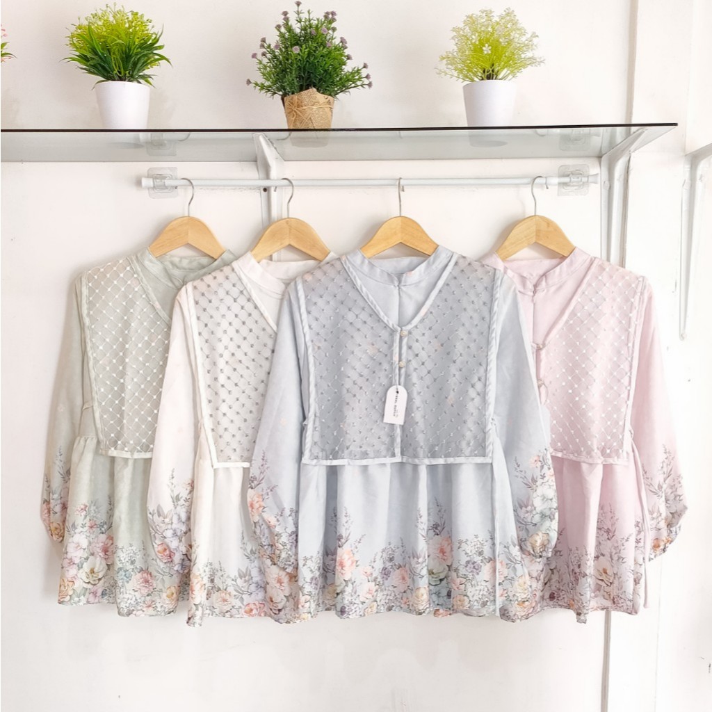 Blouse set vest brokat/atasan blouse wanita motif bunga/blouse silk vest/blouse puffy lengan balon