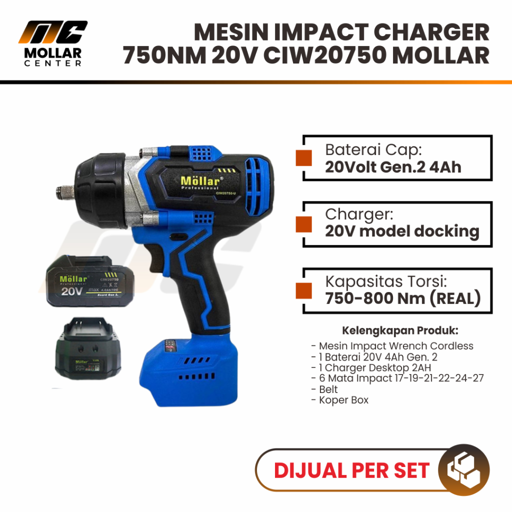 CIW20750 CORDLESS BATERAI BUKA RODA BAUT IMPACT WRENCH 750NM MOLLAR