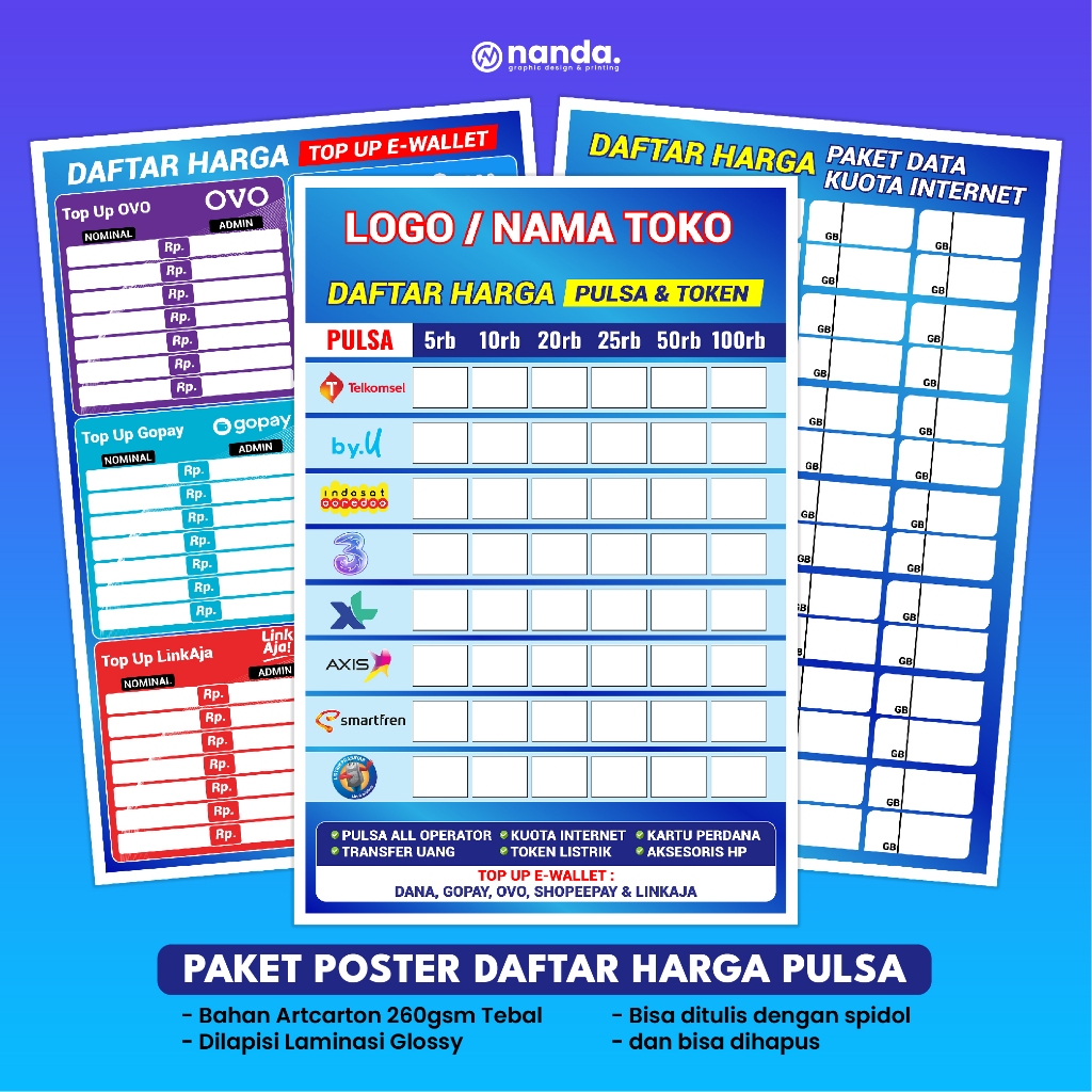 Paket 3 Poster Daftar Harga Pulsa, Topup, Paket Data – Cetak A5 A4 A3+ | Artcarton 260gsm Laminasi G
