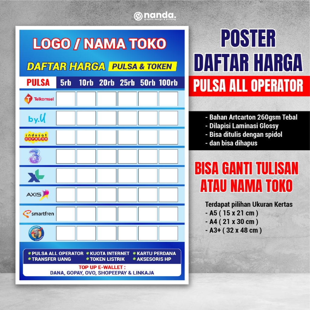 Poster Daftar Harga Pulsa All Operator – Cetak A5 A4 A3+ | Artcarton 260gsm Laminasi Glossy | Desain