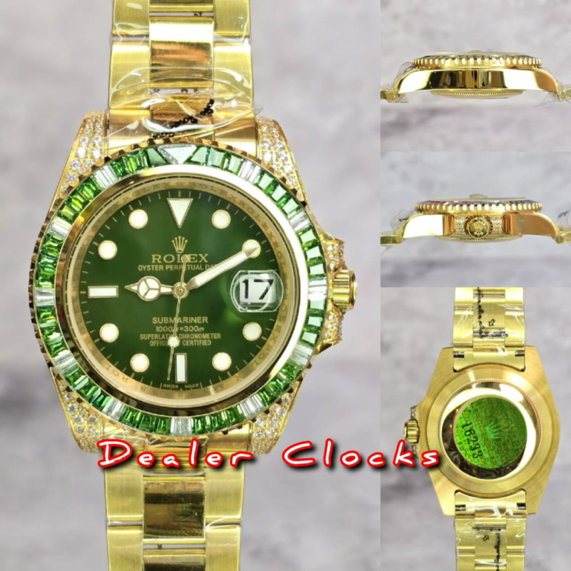 Rolex Submariner 40MM Baguet Cuts Diamond Gold Green Automatic Perfect Free Box Kayu