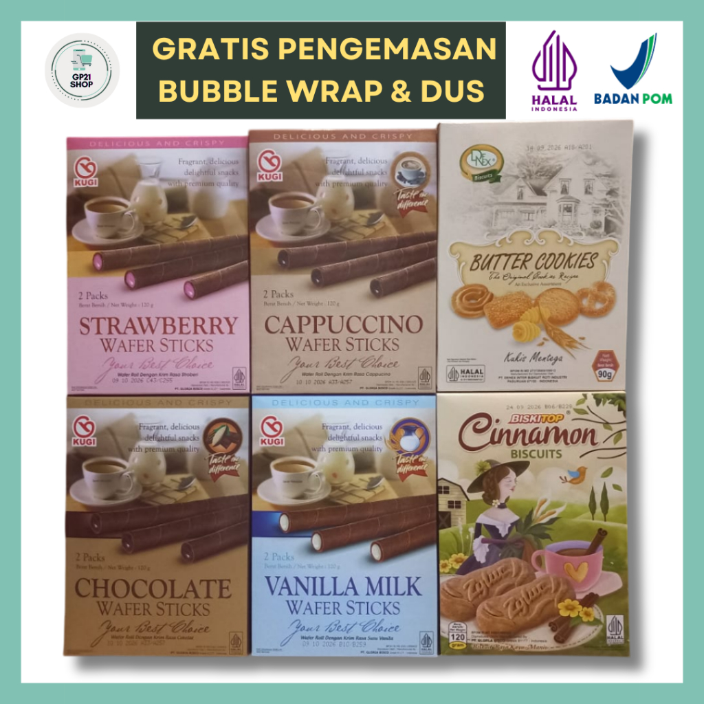 

Kugi Wafer Sticks Box 120gr / Biskitop Cinnamon Box 120gr / Denex Butter Cookies Box 90gr