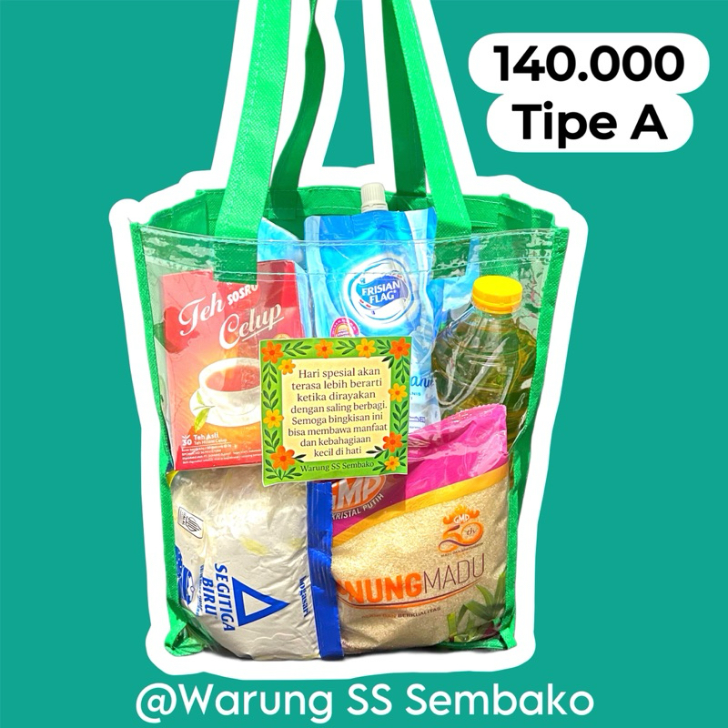 

Paket Sembako Murah Lengkap Komplit Hampers Bingkisan Hadiah Beras Minyak Gula Kopi Susu Teh - pakai Tas Goodie Bag 140 ribu