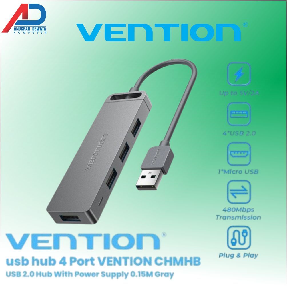 USB Hub 4 Port VENTION CHMHB USB 2.0 Hub With Power Supply