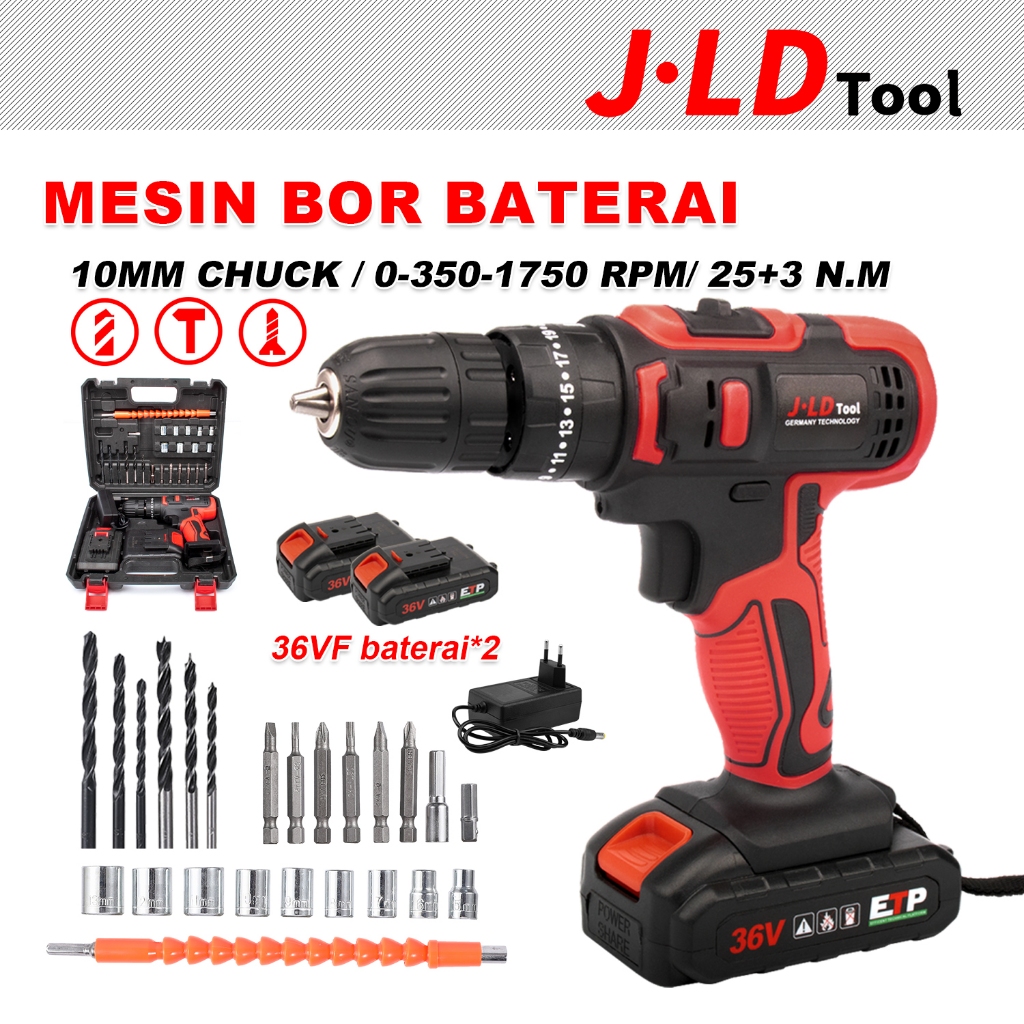JLD 36V Mesin bor impact drill 10mm keyless chuck 25+3 Bor tangan cordless 2 baterai fullset koper m